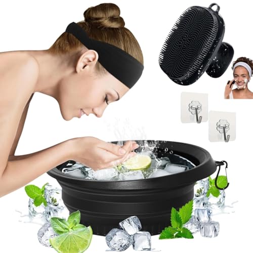 Image of Ice Face Bath Bowl with Ice Roller Scrubber | Foldable Silicone Facial Ice Bath Tub for Skin Tightening & Pore Minimizing | Cold Therapy Bowl for Face Depuffing, Glow & Acne Care | Reusable Beauty Ice Mask Kit (MultiColor) (Facel Bowel HEXA Brush)