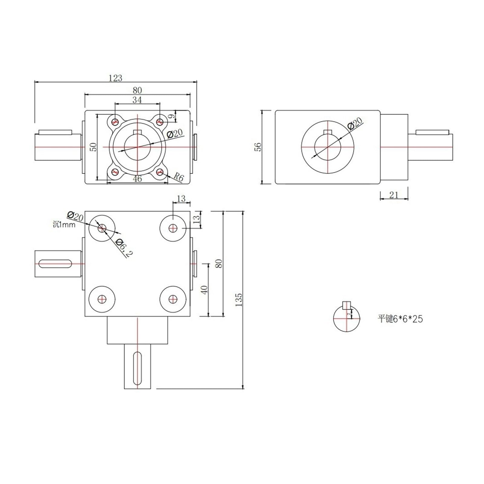 Caja de engranajes de dirección con eje de 20 mm, módulo 2,5, engranaje cónico de 16 dientes, dispositivo de inversión de esquina, conmutador tipo T de 90 grados Modificar Dirección
