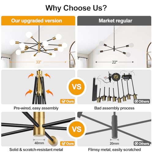 11"-52" Height Adjustable Modern Chandelier Ceiling Light Fixture, 12-Light Sputnik Chandeliers Brushed Gold and Matte Black Mid Century Chandelier Over Table, Chandeliers for Dining Room Living Room - Image 3