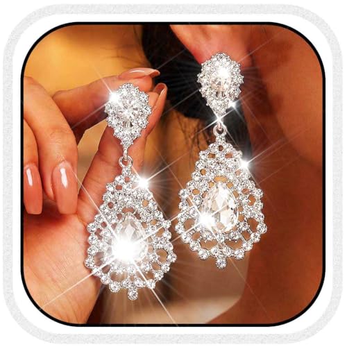 Catery Rhinestone Earrings Silver Teardrop Earrings Dangle Jewelry for Women (Silver)
