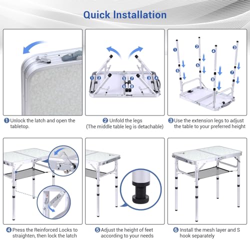 Sportneer-Camping-Table-236-L-x-157-W-Adjustable-Height-Small-Folding-Table-with-Mesh-Layer-Portable-Camp-Tables-with-Aluminum-Legs-for-Outdoor-Camp-Picnic-Beach-BBQ-Cooking-3-Height