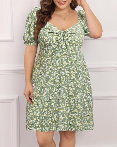 Image of Pinup Fashion Women Plus Size Casual Puff Sleeve Summer Sundress Smocked Short A Line Babydoll Cute Mini Dresses