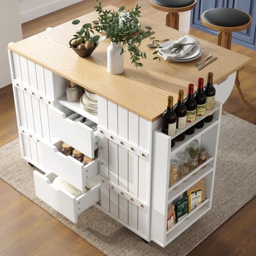 Merax Kitchen Cabinet on Wheels | Serving Trolley with Wood Grain Finish, Sliding Doors, 3 Drawers, Spice Rack, Towel Rail, Adjustable Worktop | Kitchen Cart for Dining Room & Kitchen - White