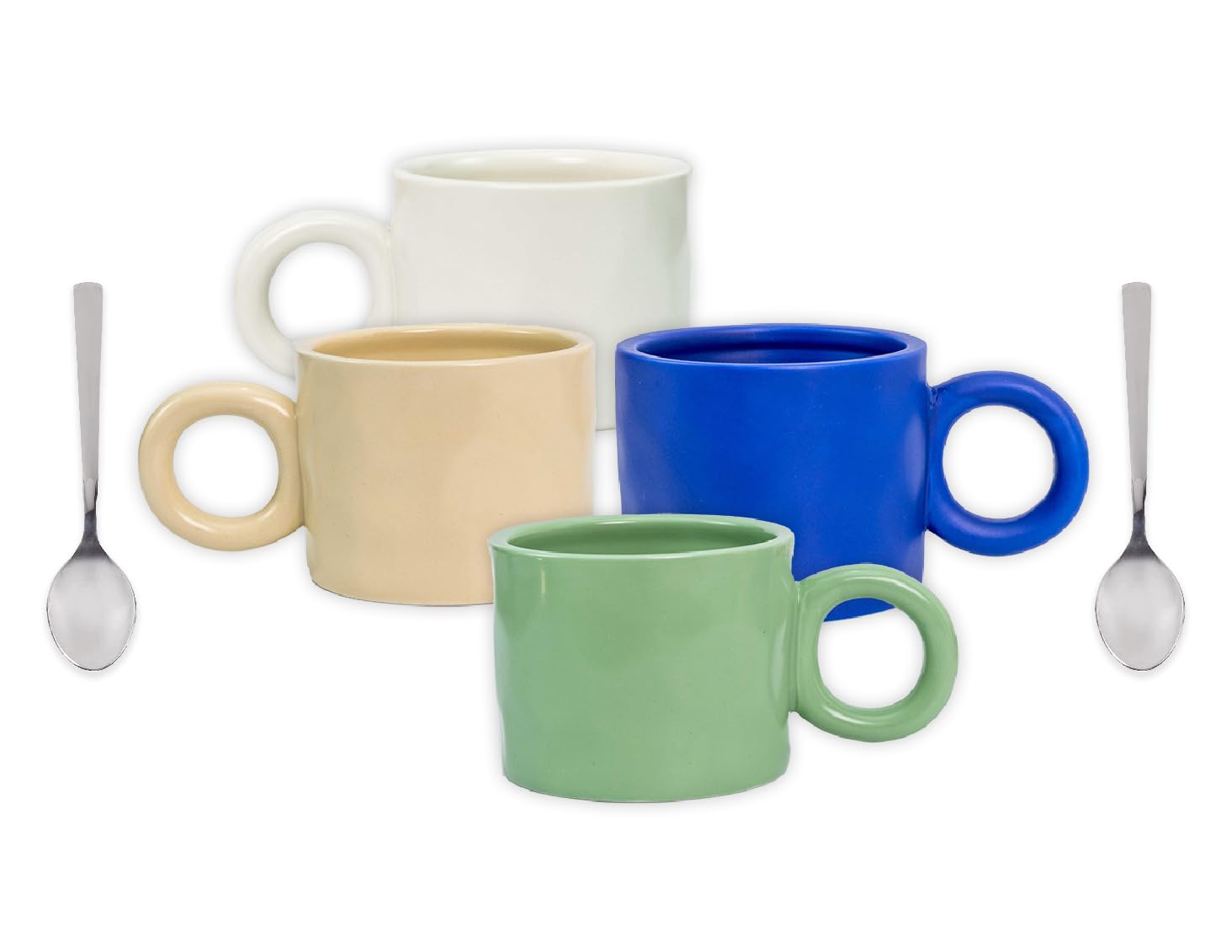 PESCADOR 4 Beige Premium Ceramic Coffee/Tea Mugs - Includes Bonus Spoon - Artisanal Design, Comfortable Handle, and Generous Size - Perfect for Your Morning Coffee Rituals (4Count- 400ml EA.)