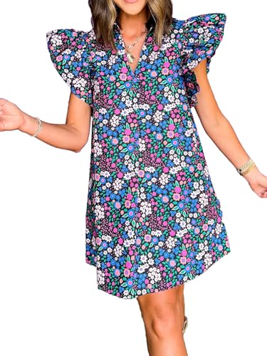 Image of hibshaby Women's Floral Babydoll Mini Dress V-Neck Ruffle Sleeve Cute Dress Sundress