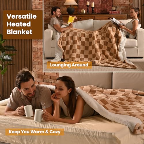 Image of Bearhug Heated Blanket King Size 100 inch x 90 inch Dual Controller Electric Blanket, Reversible Brown Plaid Sherpa Heating Blanket, 10-Heat Levels & 1-12H Auto Off, ETL, Machine Washable