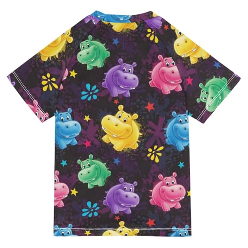 Boys Rash Guard Short Sleeve UPF 50+ Colorful Hippo Pattern Design Quick Dry Swim Shirts Swimwear for 3-12Y2