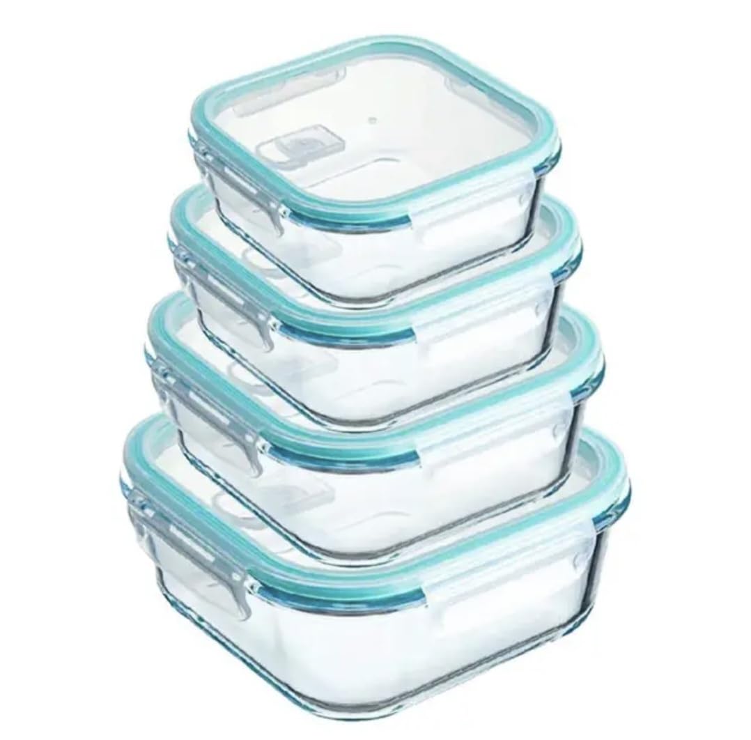 Recipientes de vidrio para almacenamiento de alimentos con tapas, paquete de 4 recipientes cuadrados herméticos a prueba de fugas, lonchera de vidrio apta para microondas para nevera y cocina