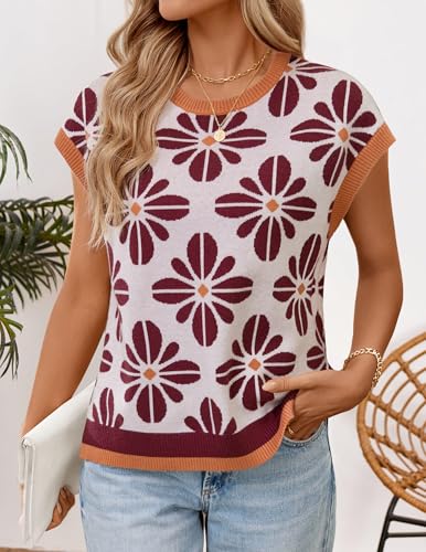 Image of ZESICA Women's Summer Trendy Knit Top 2026 Floral Print Short Sleeve Crewneck Loose Fit Sweater Vest Going Out Clothes