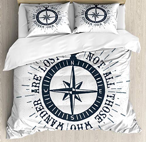 Lunarable Not All Who Wander are Lost Duvet Cover Set, Compass and Wind Rose Nautical Theme Voyage Words, Decorative 3 Piece Bedding Set with 2 Pillow Shams, Queen Size, Blue White