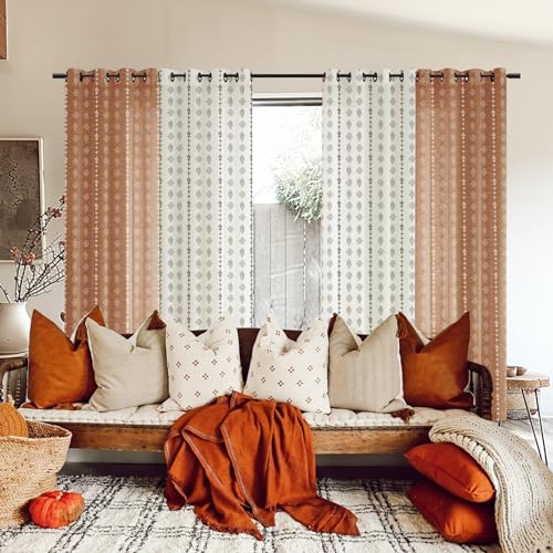 Lino Rosa LRG2-BLCTE96 Fall Sheer Curtains 96 Inches Long 2 Panel Set For For Living Room,Bohemian Ceiling To Floor Length Indian Otoño Color Unique Curtain Drapes,Rust Terracotta Color And Cream thumb #5