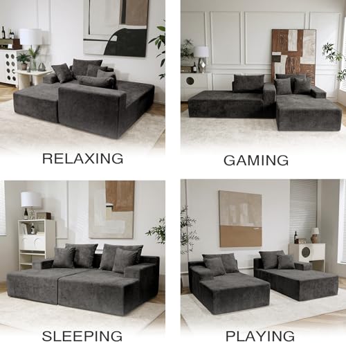Image of Sytopia Loveseat Chaise Lounge with Armrests, Oversized Sofa Bed with 4 Pillows, Cozy Boneless Sleeper, Modular Sectional Couch for Living Room Bedroom, Floor Chair Furniture sala Chenille, Black