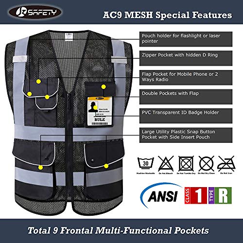 Jksafety 9 Pockets High Visibility Zipper Front Safety Vest With Reflective Strips,Hq Breathable Mesh, Oxford Fabric For Pocket Materials. Black Meets Ansi/Isea Standards (Medium, 110-Black) #TOP2