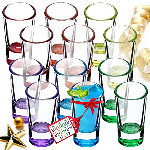 KADAX Juego de 12 vasos de chupito, 28 ml, vasos de chupito con base gruesa, vasos de chupito minimalistas, Chupito de cristal, Vasos para vodka (multicolor, 12 unidades)