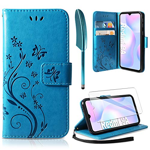 AROYI Cover Compatibile con Xiaomi Redmi 9A/Redmi 9AT, Retro Design Flip Caso in PU Pelle Premium Portafoglio Slot per Schede Chiusura Magnetica Custodia Blu