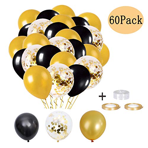 Ballon Noir, Party Noir Ballons, Latex Ballon Noir, 60Pièces Ballons Or avec Ballon de Confettis Or pour Les Femmes Mens Anniversaire Décoration Graduation Halloween Party