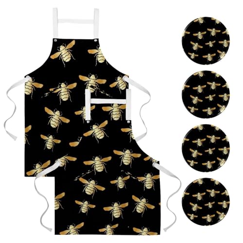 Tablier de cuisine chic noir et or avec broches pour restaurant et bar