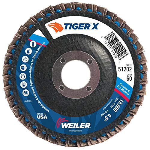 Weiler 51202 Tiger X Flap Disc, Ceramic and Zirconia Alumina, Angled, Phenolic Backing, 60 Grit, 4-1/2