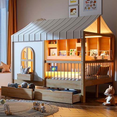 Full Size Wood House Loft Bed with Soft Roof and