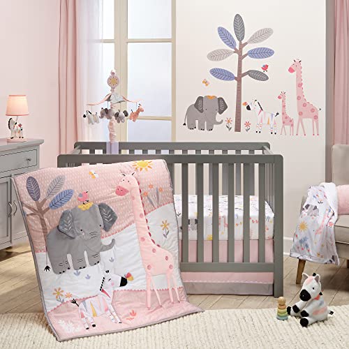 Image of Jazzy Jungle 3-Piece Safari Animals Pink Baby Crib Bedding Set