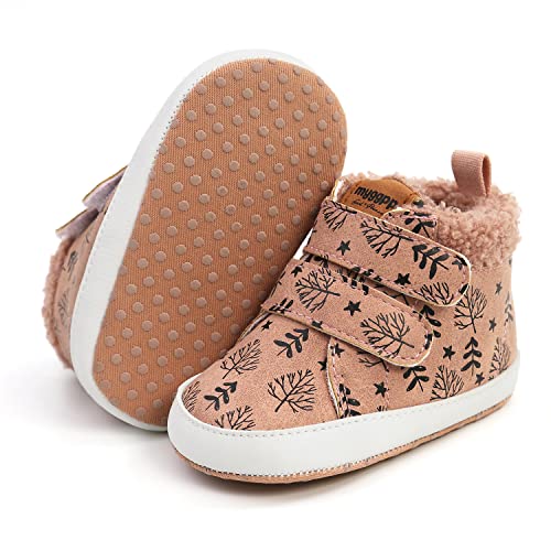 SOFMUO Baby Boys Girls PU Leather Sneakers Soft Sole Infant Warm Booties Toddler Fuzzy Winter Shoes(Fuzzy/Leaf)