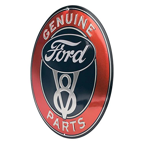 Image of Ford Genuine Parts V8 Round Embossed Metal Sign - Vintage Ford Sign for Garage or Man Cave