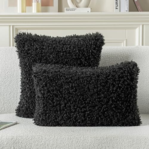 FUTEI Black Decorative Throw Pillow Covers 26x26 Inch Set of 2,Soft Fluffy Faux Wool Fur Boucle Textured Euro Pilllow Sham,Modern Home Decor for Couch Bed Living Room Office