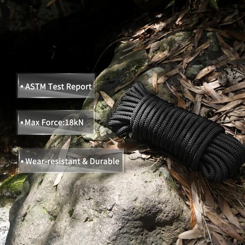 Foto von NewDoar Outdoor-Seil 18KN 10mm(3/8 in) Hochfestes Zubehörseil Doppelt geflochten Multifunktionales Seil für Camping, Wandern, Angeln, Lastentransport, Hängematten, Zelte(Schwarz 10mm,20ft)