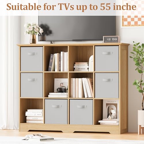Image of 12 Cube Storage Organizer Shelf, Wood Cubby Storage with 6 Fabric Drawers, 3 Tier Wooden Bookshelf with 2 Adjustable Shelves & Fluted Side Panels for Bedroom, Living Room, Home Office, Wood