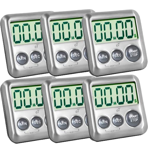 Elegant Digital Kitchen Timer Stainless Steel - Strong Magnetic Back - Kickstand - Loud Alarm - Large Display - Auto Memory - Auto Shut-Off (Charcoal 6-Pack)