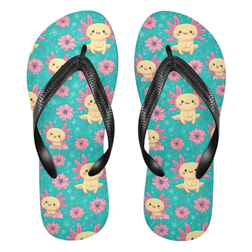 ALAZA Axolotl Flower Flip Flops for Women Fashion Beach Slippers Comfort Mens Flip Flops Non-Slip Rubber Shower Slippers Sandal for Hotel Travel Sport,XS