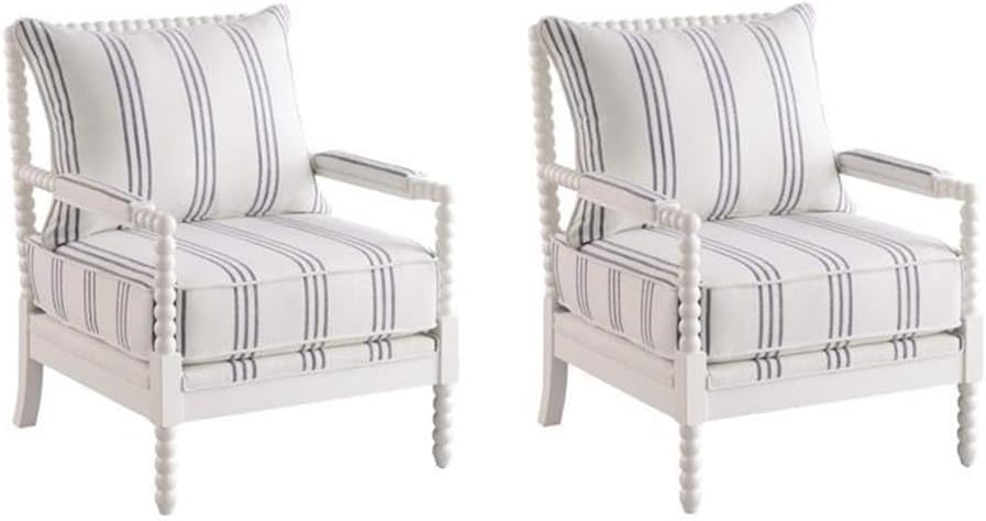 Pemberly Row Set of 2 Upholstered Bobbin Accent Chairs in White and Navy