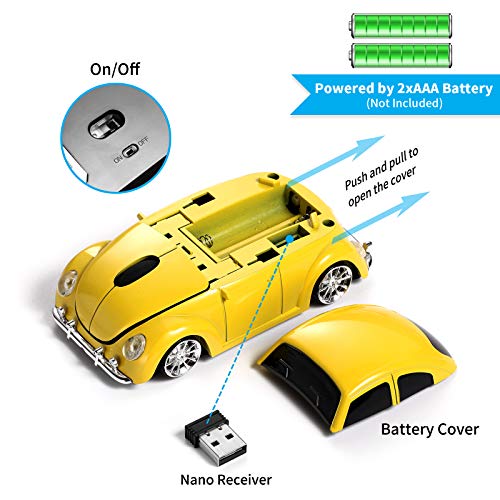 Bklnog Classic Car Shaped Mouse [Updated] With Led Headlights, 1600 Dpi, 2.4Ghz Wireless Computer Mouse, Comfortable For Every Use, Yellow #TOP4