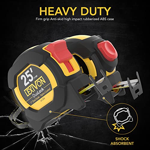 Lexivon [2-Pack] 25Ft/7.5M Tape Measure, Dualock & Autolock | 1-Inch Wide Blade With Nylon Coating, Matt Finish White & Yellow Dual Sided Rule Print | Ft/Inch/Fractions/Metric (Lx-204) #TOP3