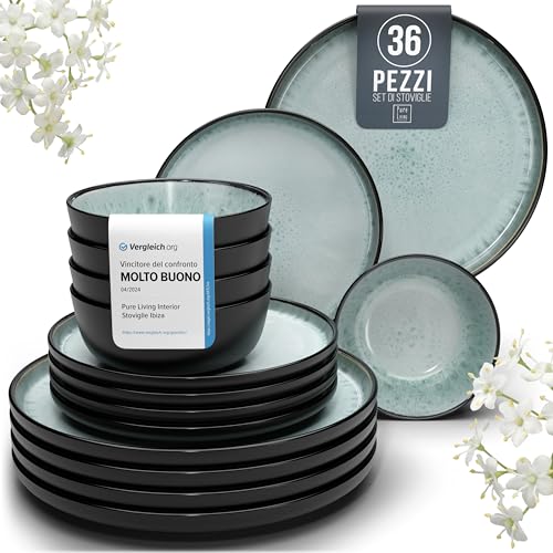 Servizio Piatti Ibiza in Ceramica per 12 Persone, 36 Pezzi Set Piatti Moderni Compatibile con Lavastoviglie e Microonde - verde salvia - Set da Tavola e Cucina di Pure Living