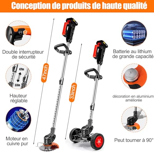 ZJS Rasentrimmer Mit Akku Leichter Freischneider 4.0Ah Batterie 33~47in Elektrischer Rasentrimmer Teleskop-stiel Zum Trimmer Garten Motorsense Akku/Elektro Enthalten 3 Arten Von... – Bild 5