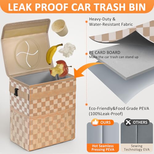Image of Vankor Car Trash Can Bin with Lid Hanging for Back Seat, Car Accessories for Women Men Leak Proof Automotive Garbage Cans Leakproof Vehicle Trash Can for Truck SUV,Khaki Checkered
