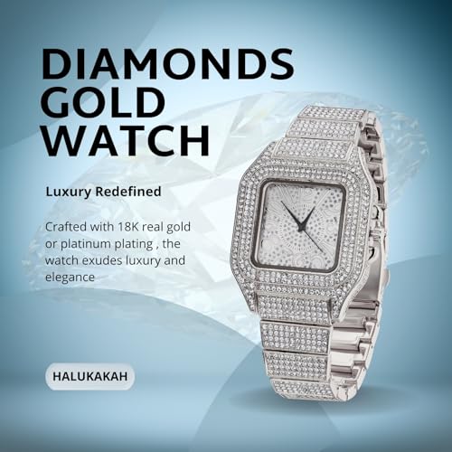 Image of Halukakah Diamonds Watch Iced Out for Boy Teens Kids - 18K Real Gold /Platinum Plated,Arabic Numerals Square Dial,Japanese Quartz - 7.3 inch Length - Optional with Cuban Link Chain - for Birthday,Parties