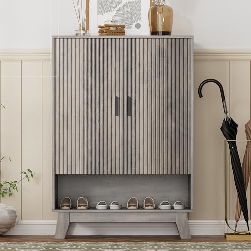 Image of Shoe Cabinet Storage for Entryway, 5 Tier Fluted Shoe Storage Cabinet with Wooden Legs, Narrow Hidden Shoe Organizer with Adjustable Shelves, Freestanding Shoe Rack for Entryway, Hallway, Grey