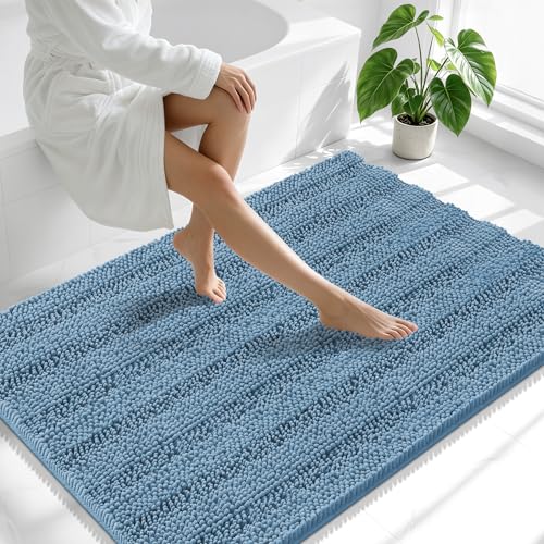 Image of Smiry Thick Chenille Large Bathroom Rugs 44x32, Extra Soft Absorbent Striped Bath Mat, Machine Washable, Rubber Backing, Bath Rugs for Bathroom, Tub & Shower, Home Decor Accessories, Airy Blue
