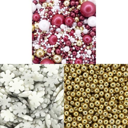 Scrumptious! - Bundle - Christmas Contemporary Edible Cake Topper Sprinkles Cupcake Decorations - 1x30g Pearls Mix - Mulled Wine, 1x25g Festive Snowflakes, 1x30g 4mm High Shine Gold Pearls