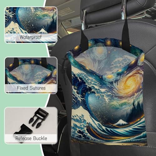 Image of Sea Wave Car Trash Bag,Night Starry Sky Hanging Drawstring Car Garbage Bag,Waterproof Canvas Car Back Seat Organizer with Adjustable Buckle,for Vehicles,SUVs,Camping,Road Trips