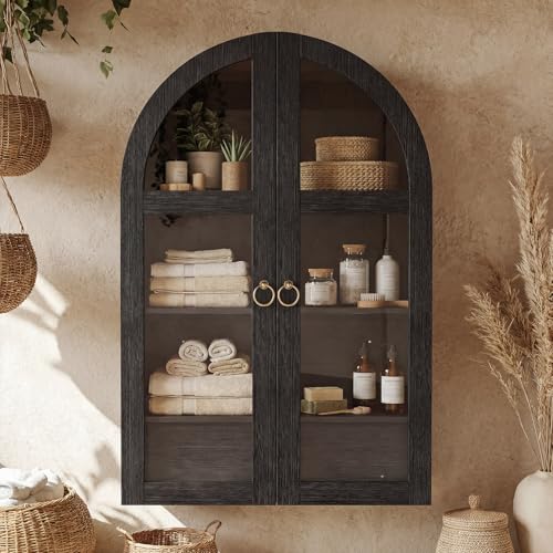 AIUUCS Arched Wall Cabinet with Tempered Glass Doors, 23.5×31.4 Inch Hanging Storage Cabinet with Adjustable Shelf, Glass Display Cabinet for Bathroom, Kitchen, Living Room, Black