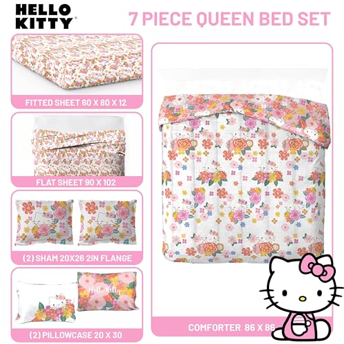 Image of Sanrio Hello Kitty Queen Comforter Set 7 Piece Floral Bedding, Multi