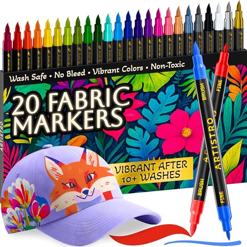 Image of ARTISTRO 20 Fabric Markers for Clothes and Textiles - Permanent No-Bleed Fabric Decorating Kit for T-Shirts, Bags, Canvas, Shoes, and Crafts