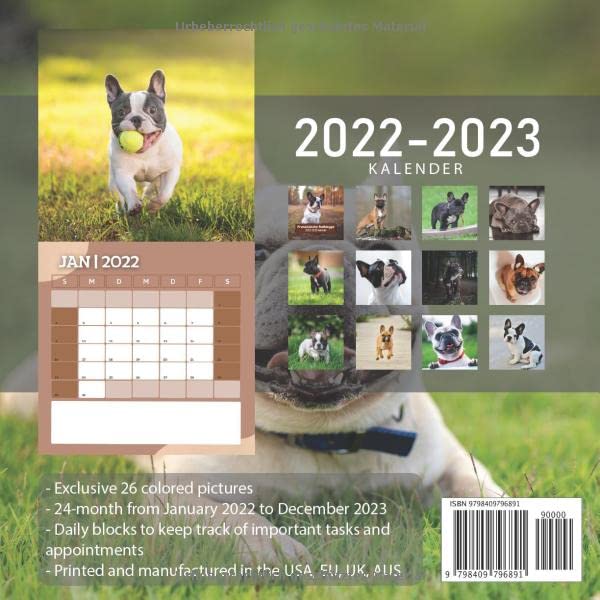 Französische Bulldogge Kalender 2022-2023: 24-Monats-Kalender von Januar 2022 bis Dezember 2023. Platz für Notizen. Es ist ein perfektes Geschenk für einen geliebten Menschen