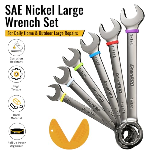 Image of GRENPRO 15 /16 inch-1-1 /4 inch Large SAE Wrench Set, Combination Open End Wrench Set | Color Rings, Roll Up Pouch, Nickel Rust-Proof Coating, CRV Steel, Free Gauge for Quick Size Matching