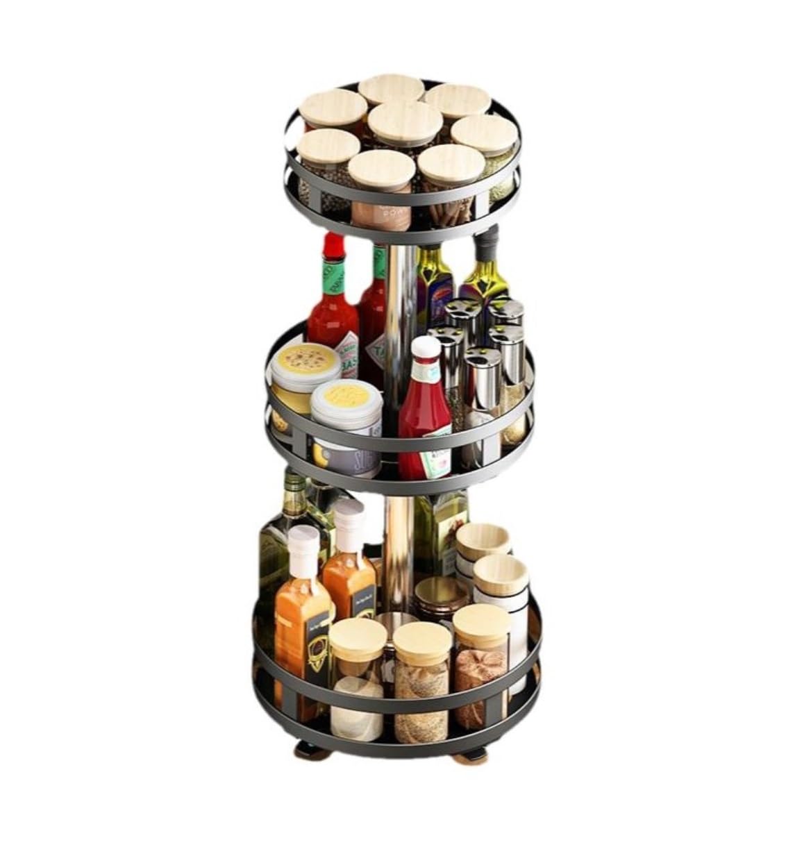 YNIYUJKL Spice Rack Spice Organizer Spice Shelf 3-Tier Rotating Spice Rack Carbon Steel Kitchen Spice Jar Bottle Rack Organizer Rack Countertop Storage Rack Seasoning Organizer Sp,Black-A-Round
