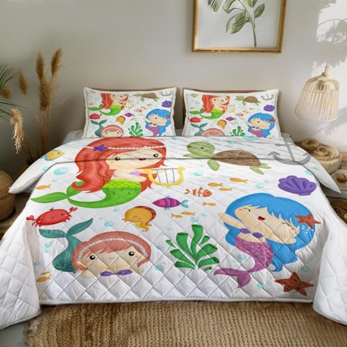 Sleepwish Mermaid Sisters Print Quilt Set Soft Lightweight Bed Set Turtle Fish Bedspread 3pcs for Kids Teens Girls with 1 Quilt and 2 Pillow Covers (Full)