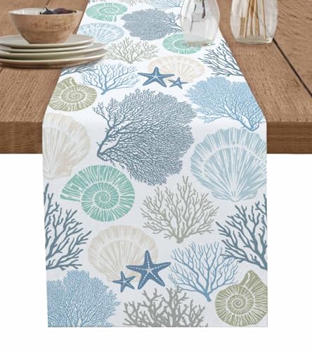 Blue Teal Coral Cotton Linen Rectangle Table Runners 13"x60", Summer